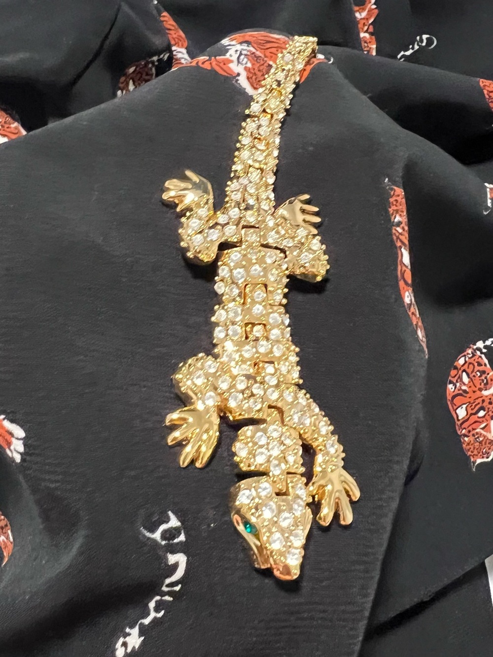 Vintage 80-80 Articulated Gold Crystal Lizard Brooch with Green Eye Accent- 7”